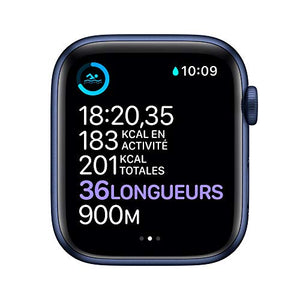 Apple Watch Series 6 (GPS, 44 mm) Boîtier en Aluminium Bleu, Bracelet Sport Marine Intense