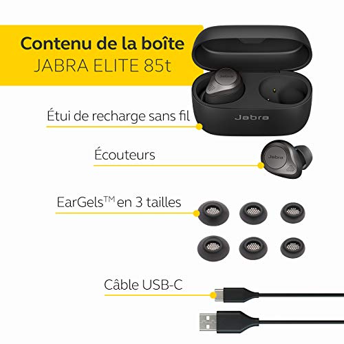 Jabra Elite 85t True Wireless - Écouteurs Sans Fil à Réduction de Bruit Active, Longue Autonomie et Écouteurs Puissants - Boîtier de Chargement Sans Fil - Noir Titane
