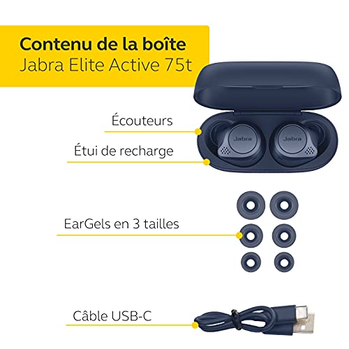 Jabra Elite Active 75t - Écouteurs sport sans fil avec réduction active du bruit et autonomie élevée de la batterie pour appels et musique – Marine