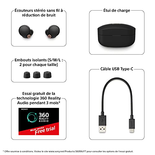 Sony WF-1000XM4 Ecouteurs sans fil Bluetooth à Réduction de Bruit - Jusqu'à 24 Heures d'Autonomie avec le Boîtier de charge - Alexa et l'Assistant Google Intégrés - Appels Mains Libres - Noir