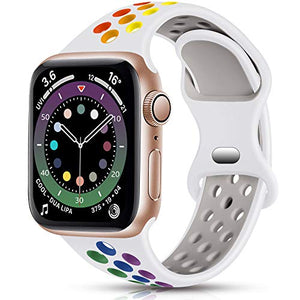 Epova Respirant Bracelet Compatible avec Apple Watch 42mm 44mm, Silicone de Remplacement Sport Bracelet Compatible avec iWatch Se Series 6 5 4 3 2 1, Blanc/Arc-en-Ciel, Petit