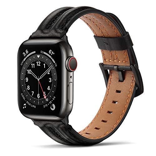 Tasikar Compatible pour Bracelet Apple Watch 38/40/42/44mm, Cuir véritable Bande de Remplacement Compatible avec iWatch Se Series iWatch 6 5 4 3 2 1 - (Noir)