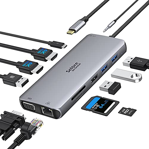 Hub USB C, Adaptateur Multiport 12-en-1 vers Dual HDMI et VGA, Etherne –