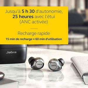 Jabra Elite 85t True Wireless - Écouteurs Sans Fil à Réduction de Bruit Active, Longue Autonomie et Écouteurs Puissants - Boîtier de Chargement Sans Fil - Noir Titane