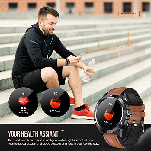 GOKOO Montre Connectée Homme Smartwatch Sport Cardiofrequencemètre Bracelet Cuir Tensiomètre Fitness Tracker d’Activité Podomètre Montre Intelligent pour iPhone Android iOS Cadeau (Marron)