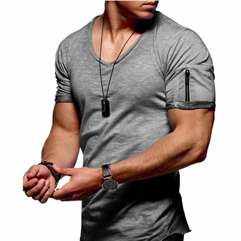 T Shirt Fitness Mens Vneck Zipper S-5XL