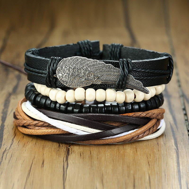 Vnox 4 pièces/ensemble bracelets en cuir tressés pour hommes Vintage arbre de vie gouvernail charme perles en bois bracelets ethniques tribaux