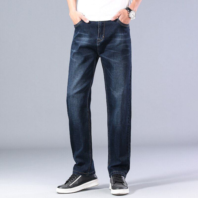 Jeans Straight Loose Denim Hommes Haute Qualité Bleu Foncé